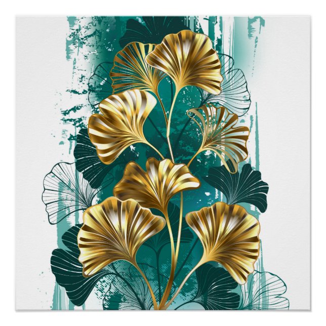 Poster Branche avec Feuilles d'or Ginko Biloba (Devant)