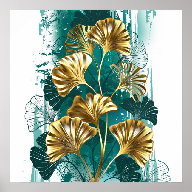 Poster Branche avec Feuilles d'or Ginko Biloba (Devant)