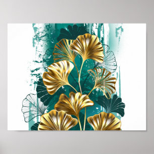 Poster Branche avec Feuilles d'or Ginko Biloba