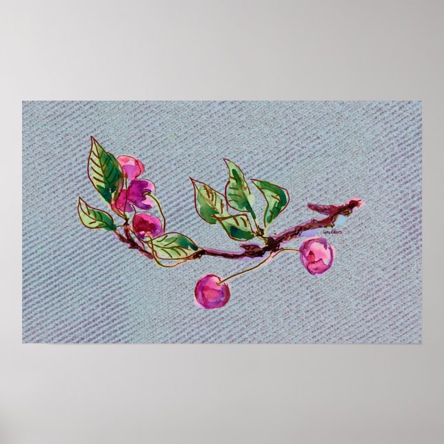 Poster Branche cerise sur denim (Devant)