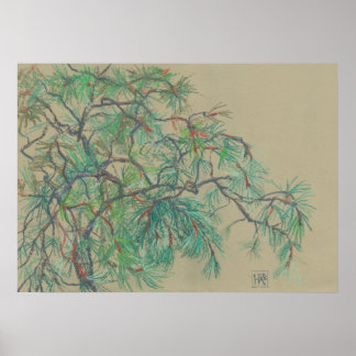 Poster "Branche de pin", dessin pastel dans les tons vert