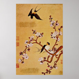 Poster Branches blanches d'hirondelles et de fleurs, Chia