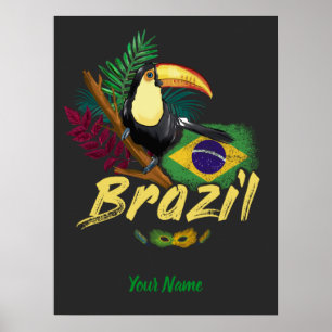 Poster Brazil Vintage Toucan with Flag and Samba mask