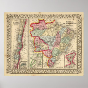 Poster Brésil, Bolivie, Paraguay, Uruguay Carte par Mitch