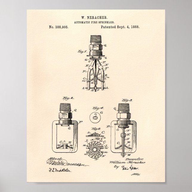 Poster Brevet Automatique Fire Sprinkler 1888 - Vieux Poi (Devant)