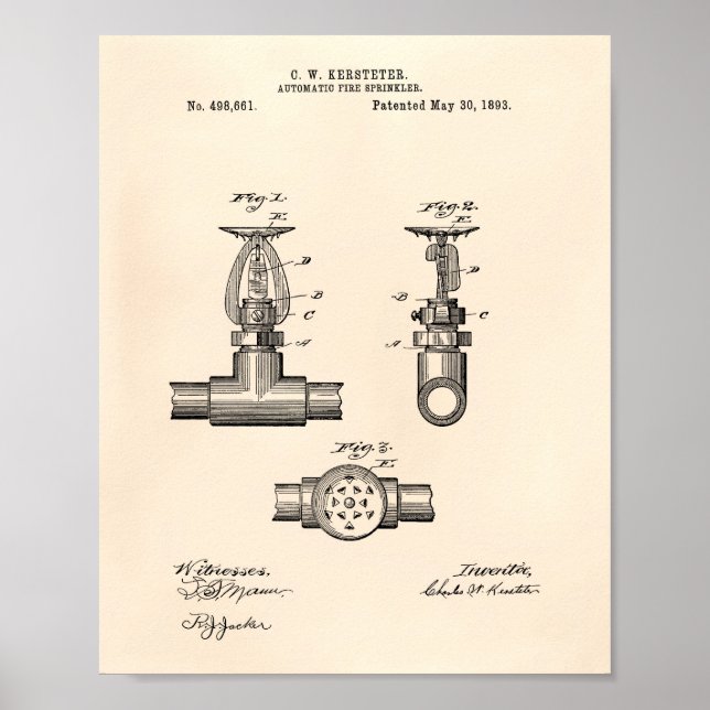 Poster Brevet Automatique Fire Sprinkler 1893 - Vieux Poi (Devant)