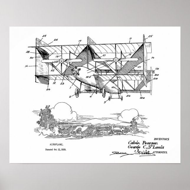 Poster Brevet d'avion Biplane 1920 Imprimer (Devant)