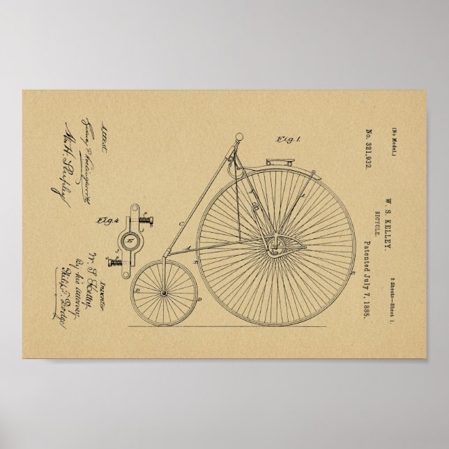 Poster Brevet de bicyclette Vintage haute roue de 1885 (Devant)