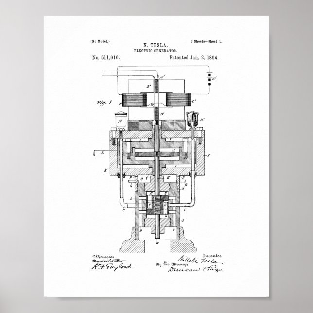 Poster Brevet de générateur électrique Tesla (Devant)