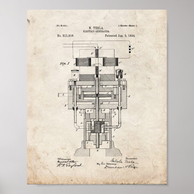 Poster Brevet de générateur électrique Tesla - Vieux look (Devant)