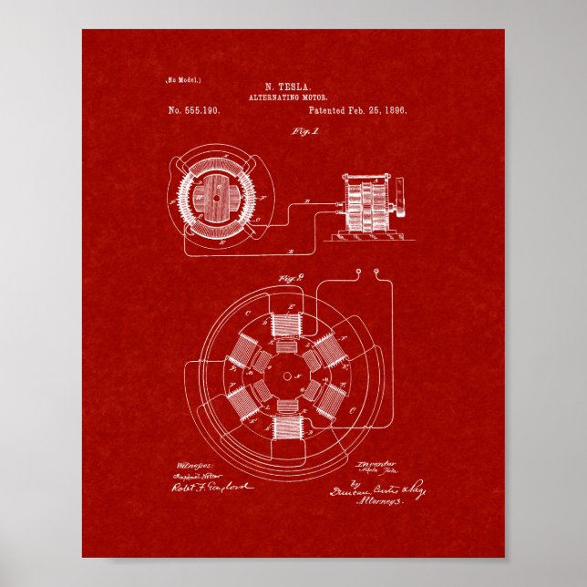Poster Brevet de moteur alternatif Tesla - Rouge Bourgogn (Devant)