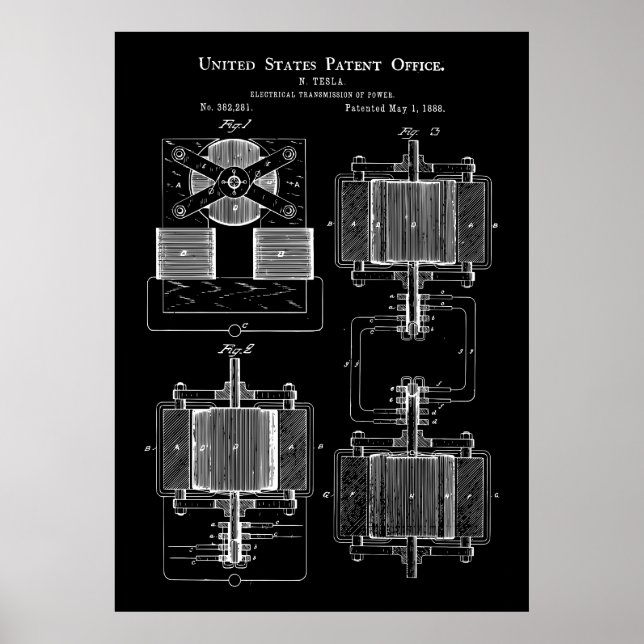Poster Brevet Tesla Power Transmitter 1888 (Devant)