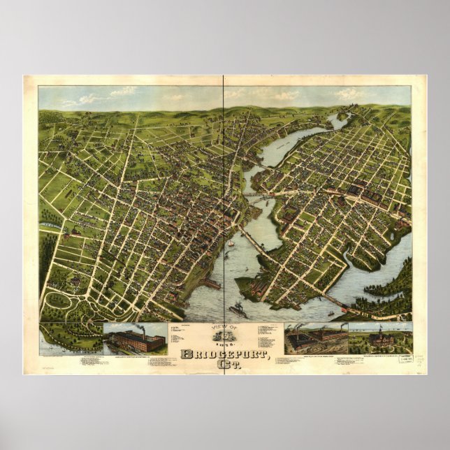 Poster Bridgeport Connecticut 1875 Carte panoramique anti (Devant)