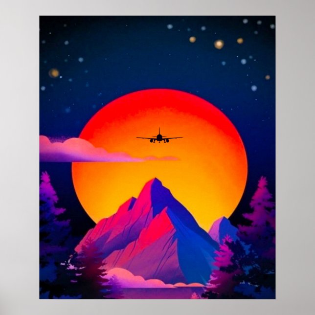 Poster Bright Neon Mountains Sunrise Avion (Devant)