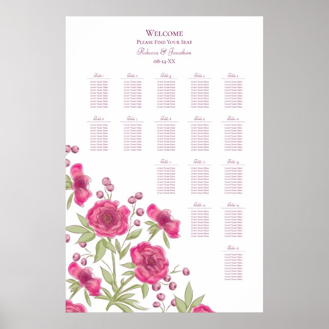 Poster Bright Pink Rose Wedding Seating Chart (Devant)