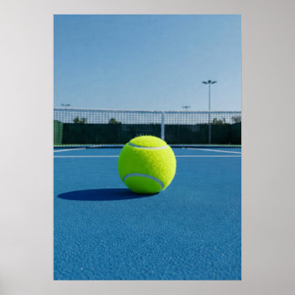 Poster Bright Tennis Ball on Blue Court View