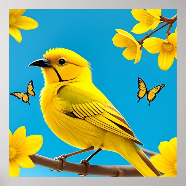 Poster Bright Yellow Songbird Perché sur une branche (Devant)