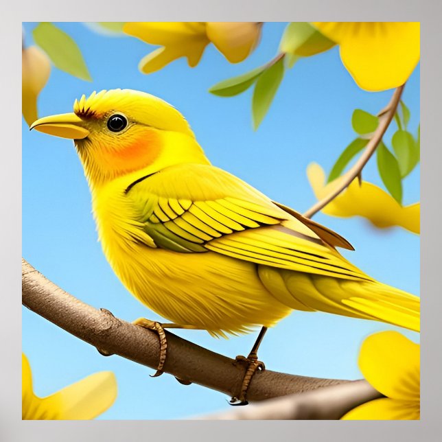 Poster Bright Yellow Songbird Perché sur une branche (Devant)