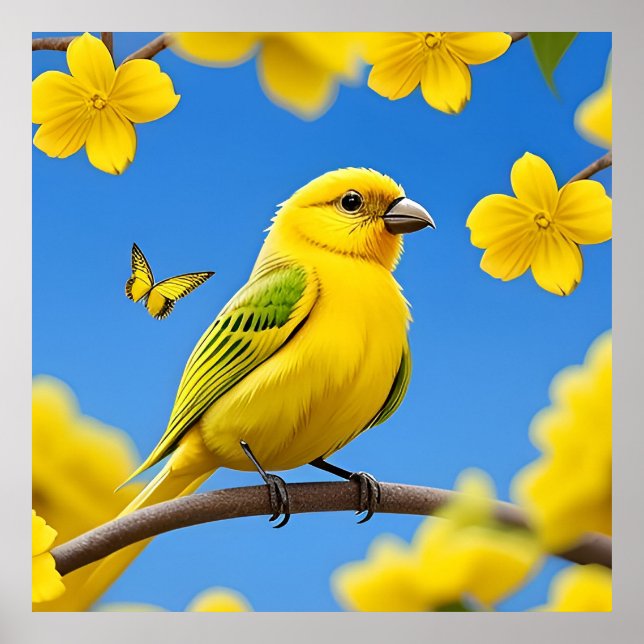Poster Bright Yellow Songbird Perché sur une branche (Devant)