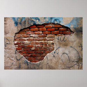 Poster Brique Rouge Sous Graffiti Mur de ciment Lacée