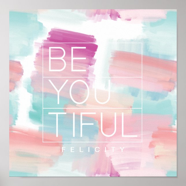 Poster Brise-pinceau rose et bleu Aquarelle BE-YOU TIFUL (Devant)