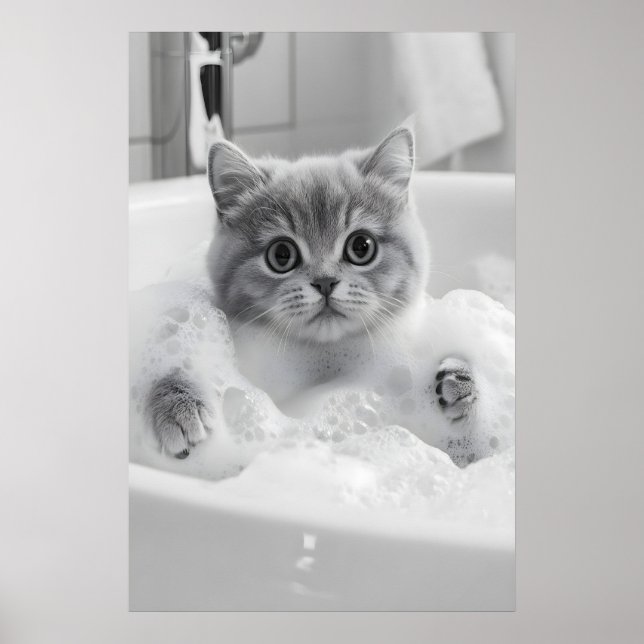 Poster British Shorthair Cat Bath Print, Funny Bathroom (Devant)