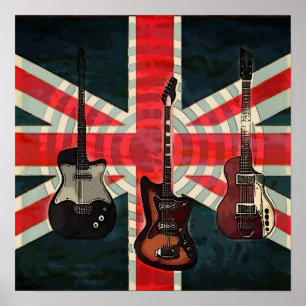 Poster British Union Jack Flag Rock Roll Electric Guitar