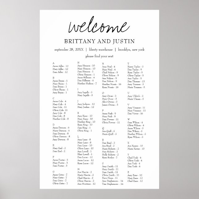 Poster Brittany Elegant Alphabetical Seating Chart (Devant)
