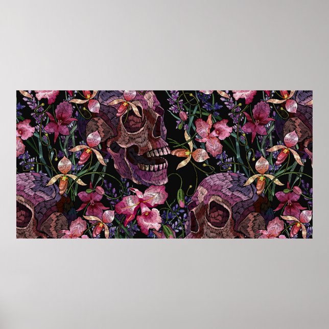 Poster Broderie crâne humain et fleurs d'orchidées roses  (Devant)