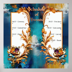 Poster bronze Abstrait, style baroque bleu or