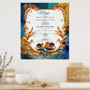 Poster bronze Abstrait, style baroque bleu or