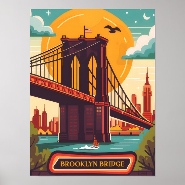 Poster Brooklyn Bridge Manhattan NYC Retro Travel (Devant)