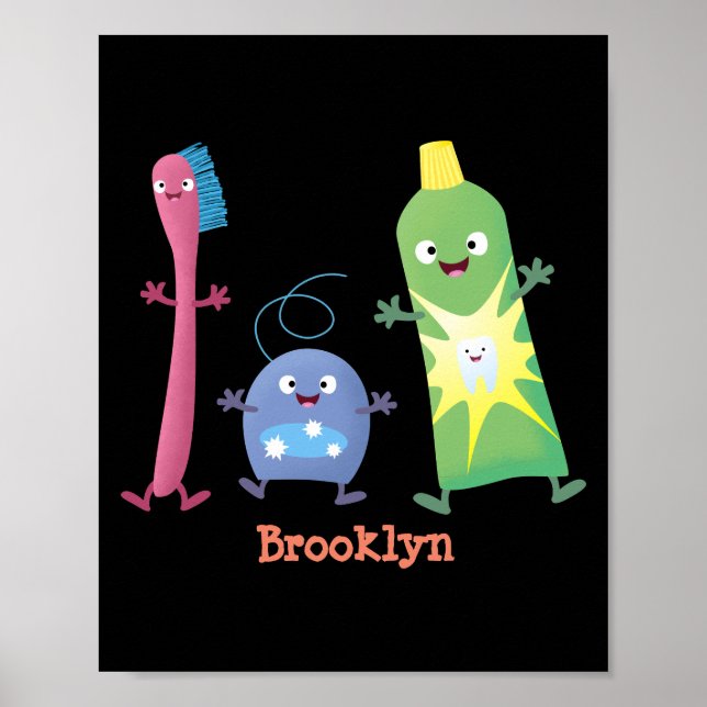 Poster Brosse à dents mignonne dentifrice dentaire soie d (Devant)