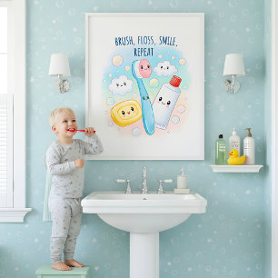 Poster Brosse, Fil dentaire, Rincer, Laver l'art mural de