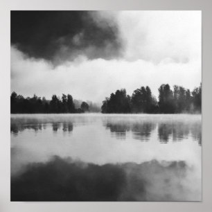 Poster Brouillard matinal au-dessus du lac en noir et bla