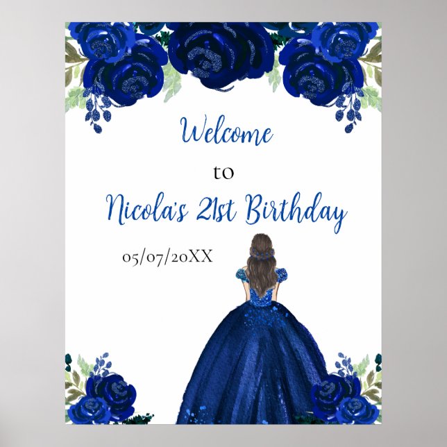 Poster Brown Cheveux Princess Navy Floral Anniversaire Bi (Devant)