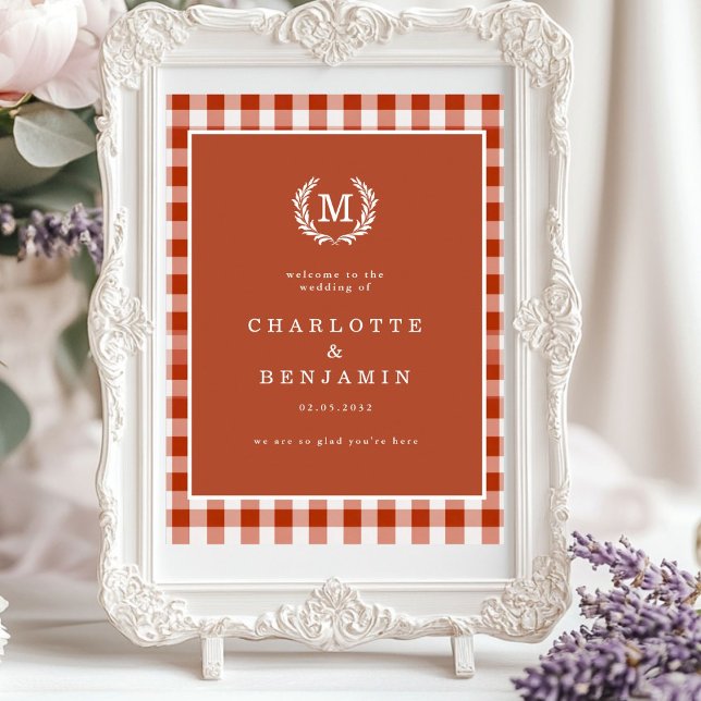 Poster Brown En vichy Monogram Crest Mariage Bienvenue (Brown Gingham Monogram Crest Wedding Welcome Poster)