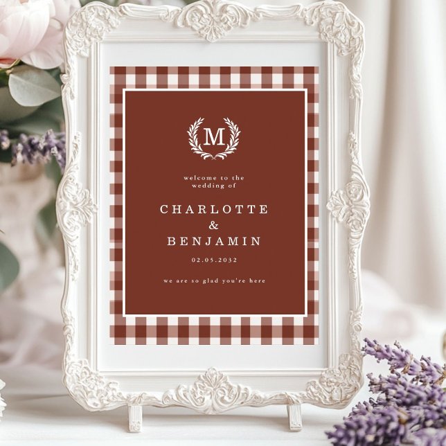 Poster Brown En vichy Monogram Crest Mariage Bienvenue (Brown Gingham Monogram Crest Wedding Welcome Poster)