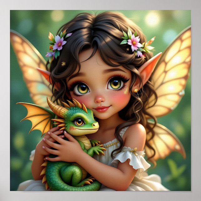 Poster Brown Eyed Elven Fairy and Dragon  (Devant)