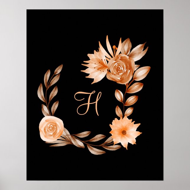Poster Brown noir monogramme et florale de pêche (Devant)