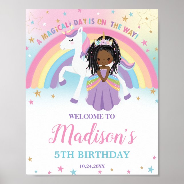 Poster Brown Princesse Unicorne Anniversaire Rainbow Bien (Devant)