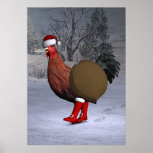 Poster Brown Rooster Santa Claus