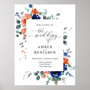 Poster Brûlé Orange bleu marine Floral Mariage Bienvenue