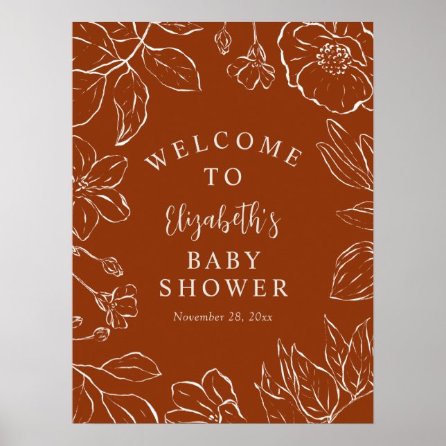 Poster Brûlé Orange Botanique Baby shower Floral Bienvenu (Devant)