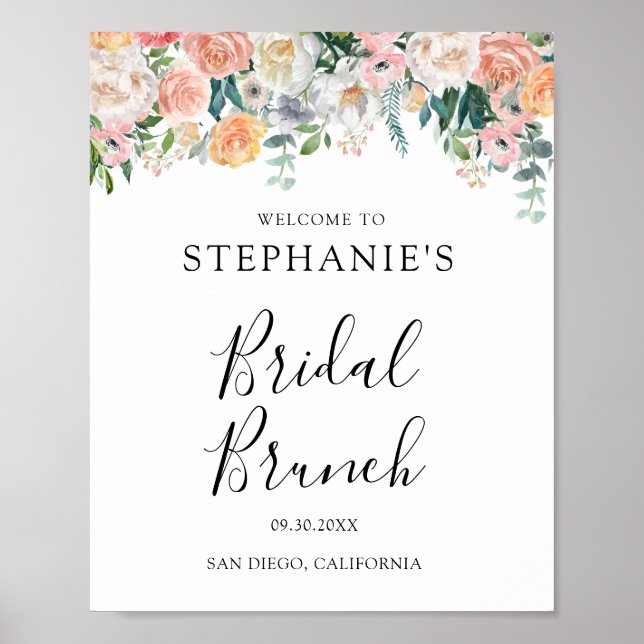 Poster Brunch de mariage floral rose pêche (Devant)