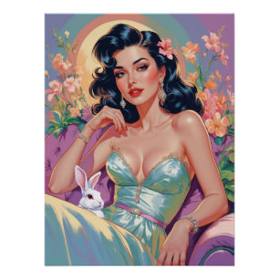 Poster Brunette Pin-Up avec lapin de Pâques