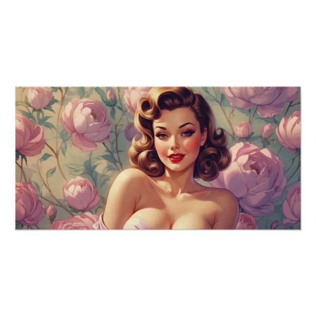 Poster Brunette Pin-Up Fleurs Pastel (Devant)