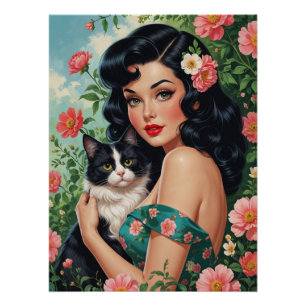 Poster Brunette Pin Up tenant Cute Cat