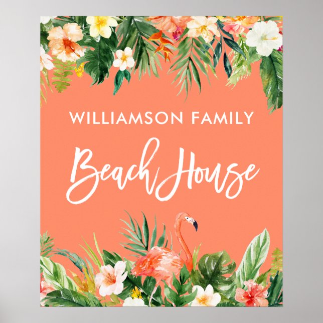 Poster Brush Script Tropical Coral Floral Beach House (Devant)