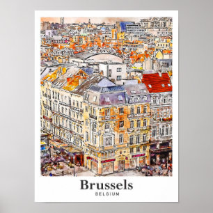 Poster Bruxelles Belgique Aquarelle Voyage Main tirée